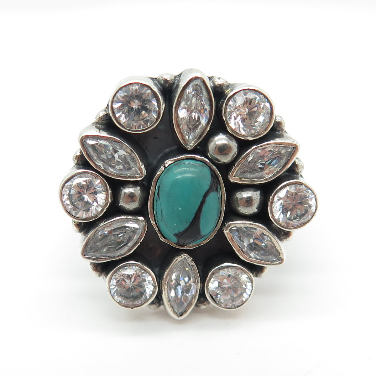 925 Sterling Silver Vintage Real Turquoise Gemstone & C Z Ring Size 8