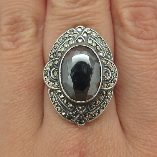 UNCAS 925 Sterling Silver Antique Real Hematite & Marcasite Gem Ring Size 6.25