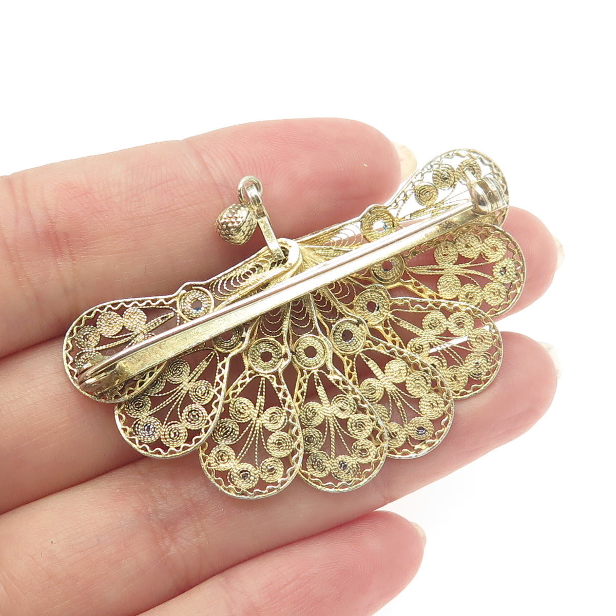 800 Silver Vintage Gold Plated Enamel Filigree Peacock Fan Pin Brooch