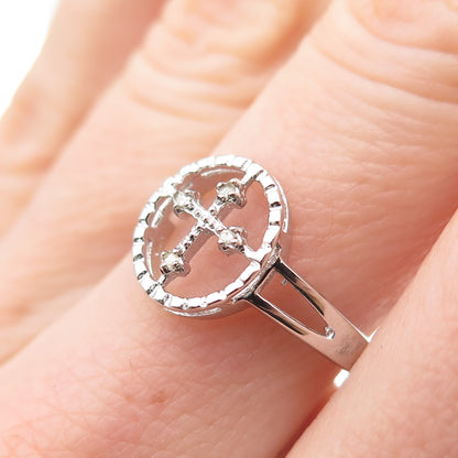 925 Sterling Silver Real Round-Cut Diamond Cross Ring Size 7