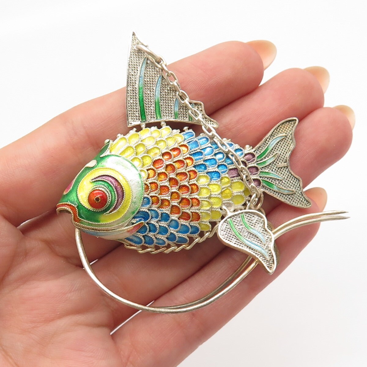 925 Sterling Silver Enamel Antique Chinese Koi Fish Articulated Chatelaine Fob