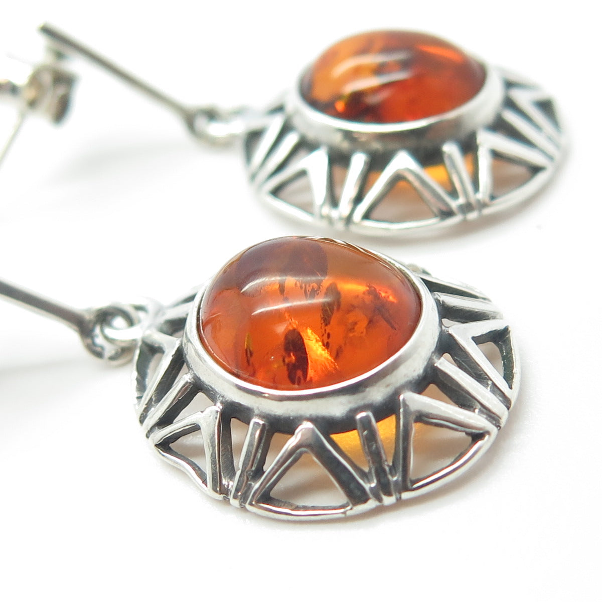 925 Sterling Silver Vintage Real Amber Sun Dangling Earrings