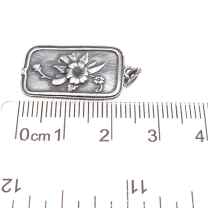 925 Sterling Silver Vintage Floral Chinese Character Oxidized Charm Pendant