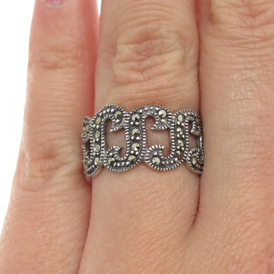 925 Sterling Silver Vintage Real Marcasite Letter "S" All Around Ring Size 7.5