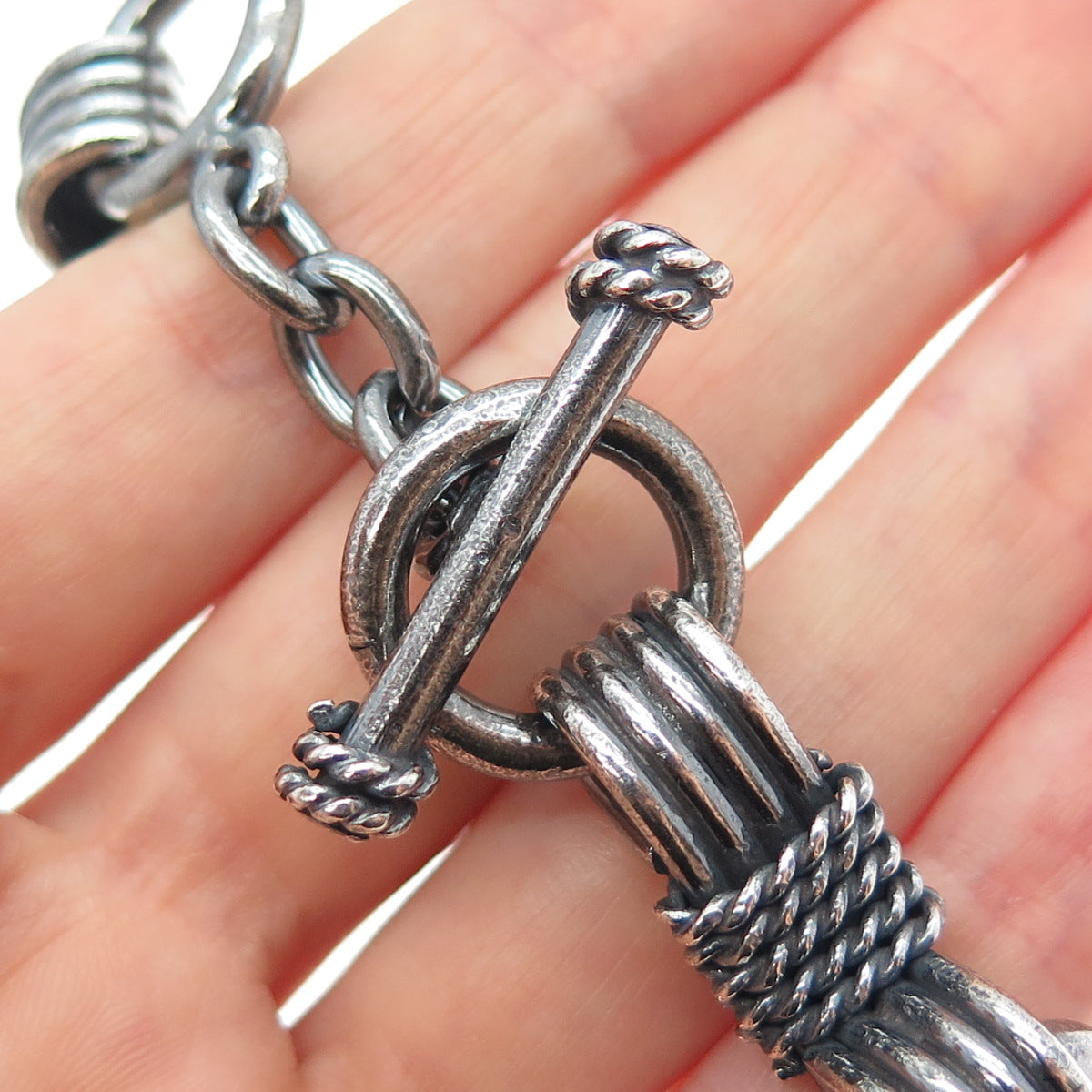 925 Sterling Silver Vintage Roped Bow Link Heavy 81.3g Oxidized Bracelet 7.75"