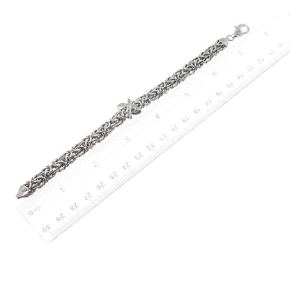 SAMARA SJD 925 Sterling Silver Real Diamond X Shape Byzantine Link Bracelet 7"