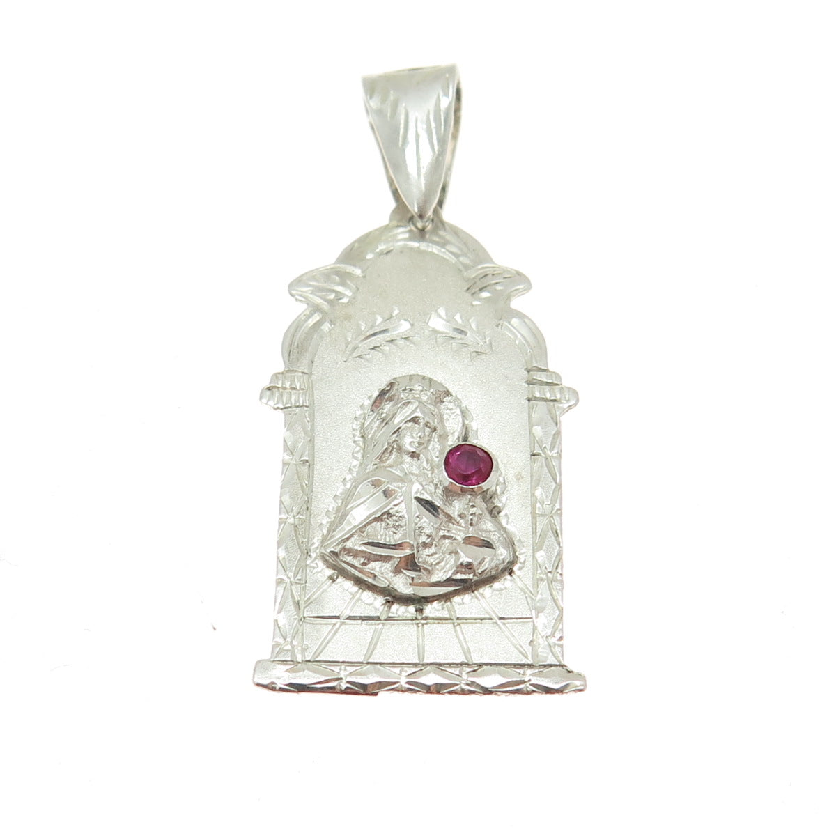 925 Sterling Silver Vintage Lab-Created Ruby St. Mary Religious Pendant