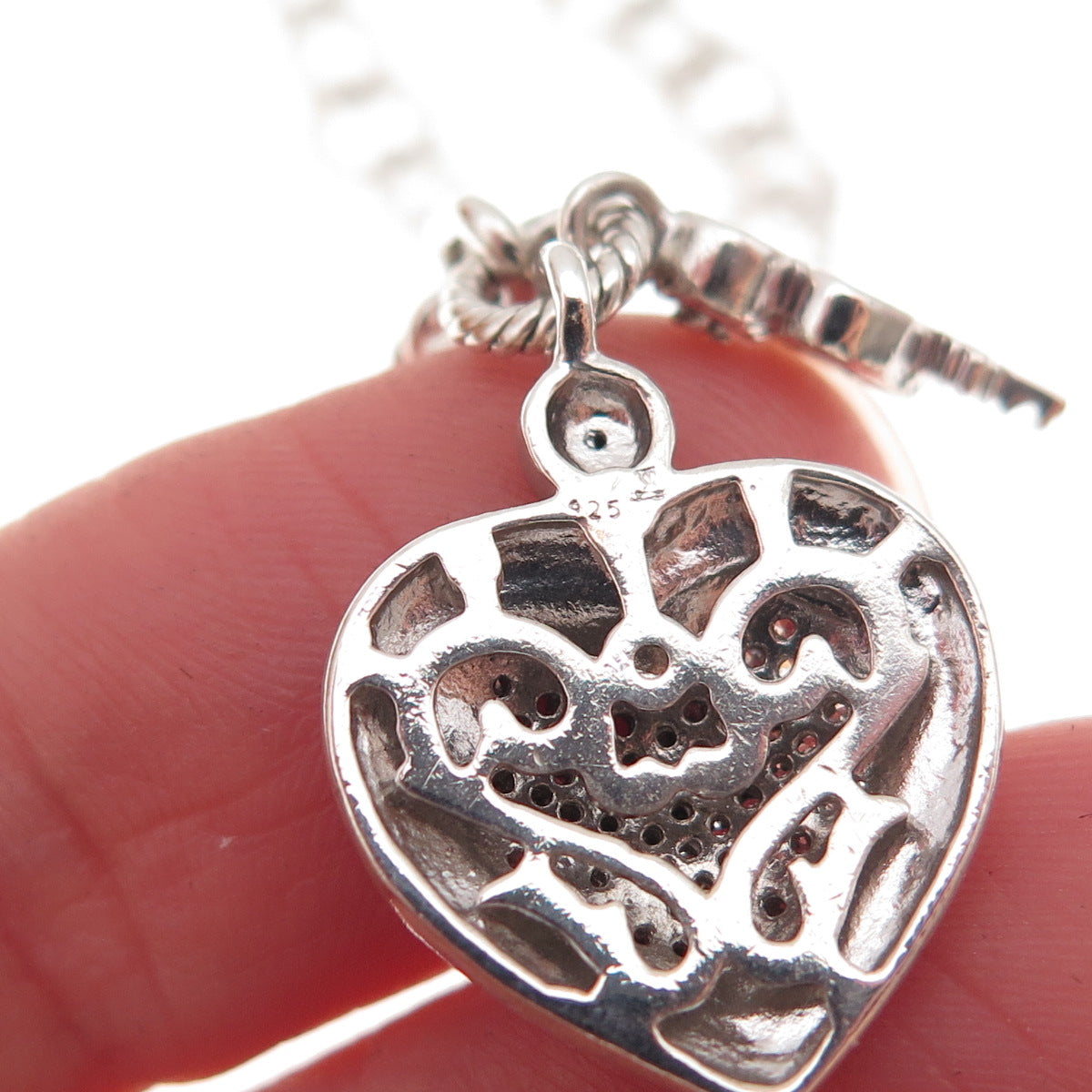 925 Sterling Silver Real Diamond Heart & Key Bracelet 7" (missing stone)
