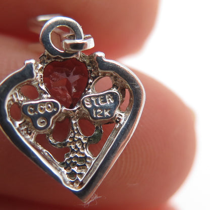 COLEMAN Sterling 12K Rose Yellow Gold Vintage Real Red Garnet Heart Mini Pendant