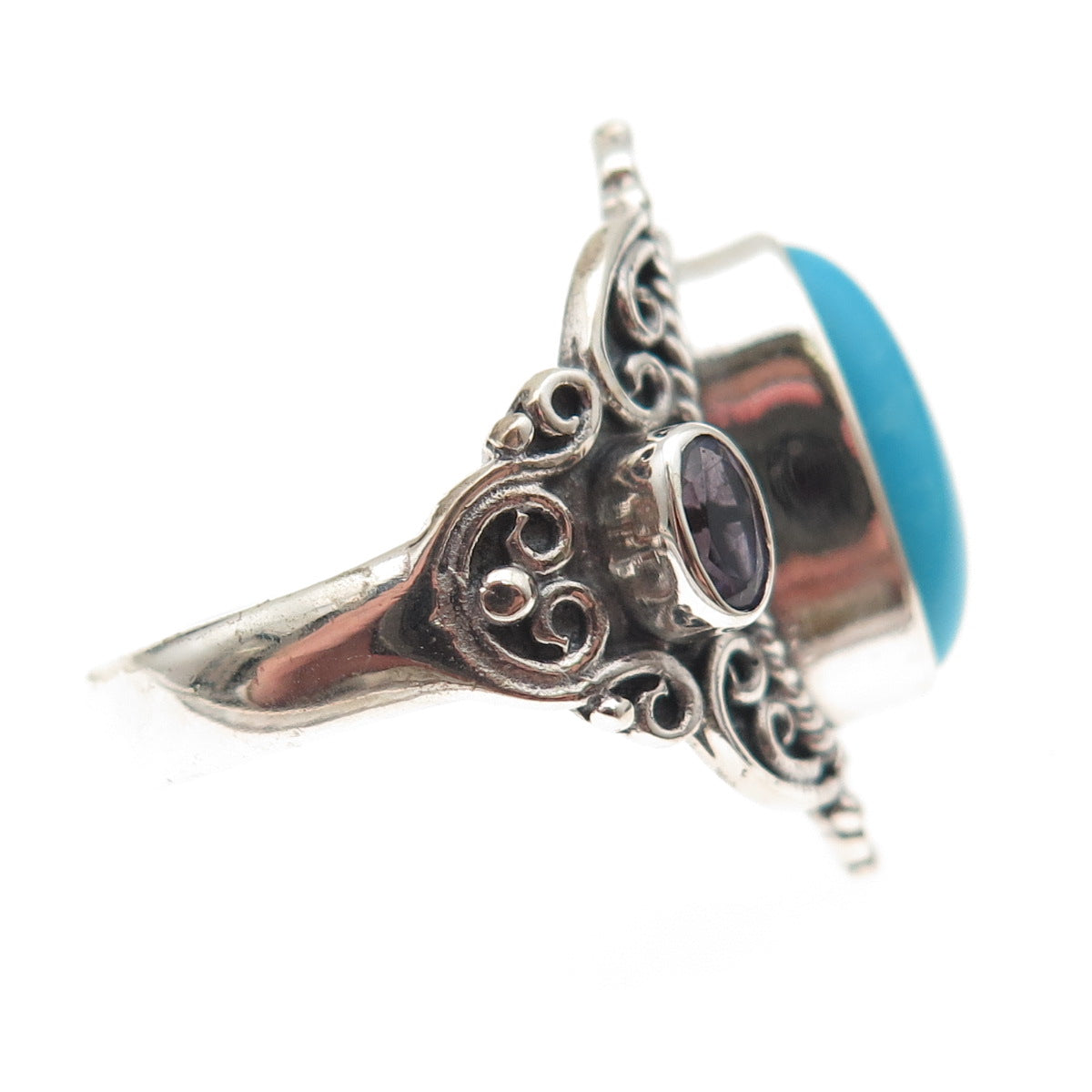 925 Sterling Silver Vintage Real Turquoise & Iolite Oxidized Ring Size 8.5