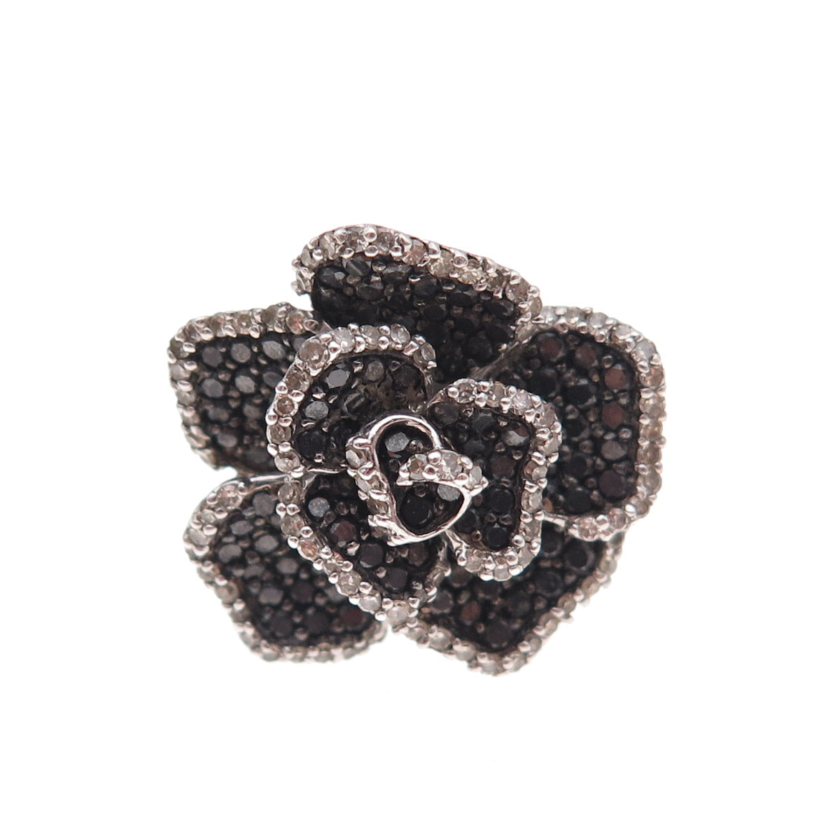 925 Sterling Silver Real Black & White Diamond Rose Floral Ring Size 7