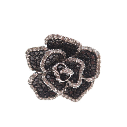 925 Sterling Silver Real Black & White Diamond Rose Floral Ring Size 7