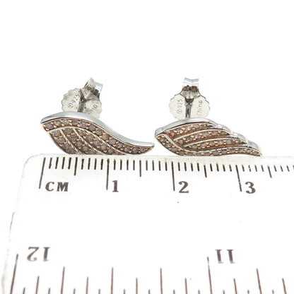 925 Sterling Silver 2-Tone Real Round-Cut Diamond Angel Wing Earrings