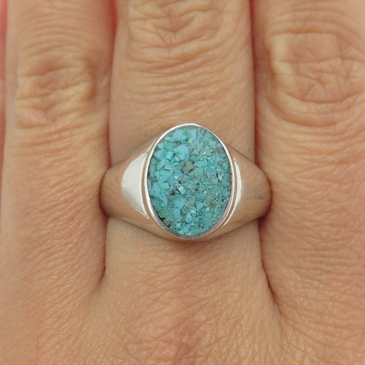 STULLER 925 Sterling Silver Vintage Real Turquoise Inlay Signet Ring Size 10