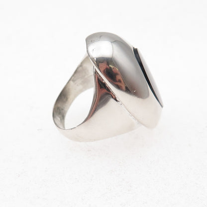 925 Sterling Silver Vintage Real Black Onyx Modernist Oxidized Ring Size 6.25