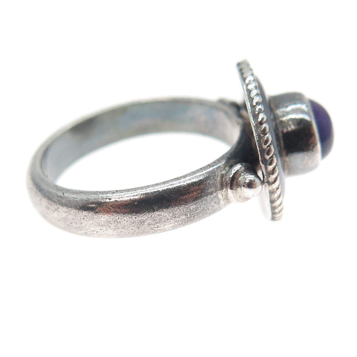 925 Sterling Silver Vintage Real Amethyst Modernist Oxidized Ring Size 7.25