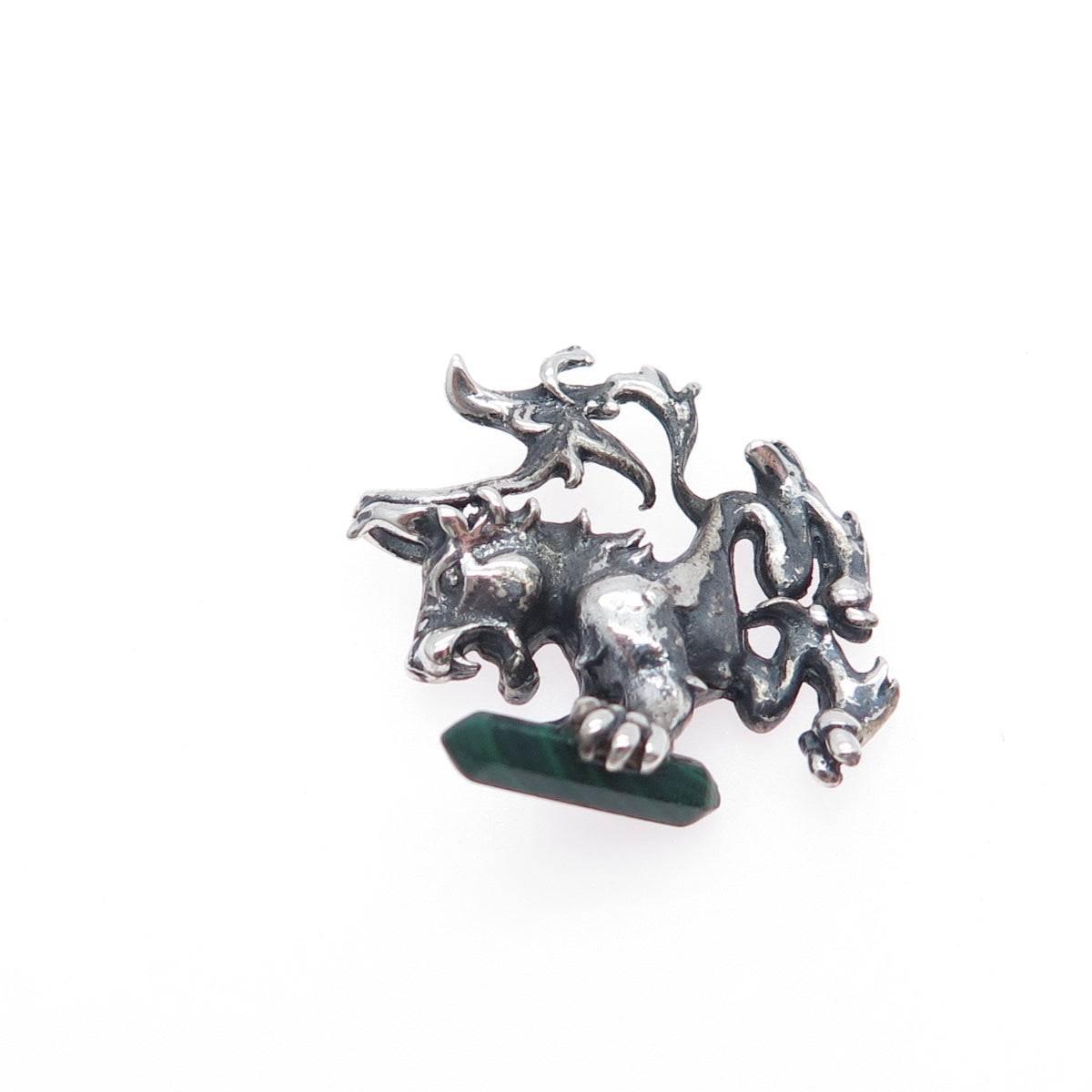 925 Sterling Silver Vintage Real Malachite Royal Lion Slide Charm Pendant