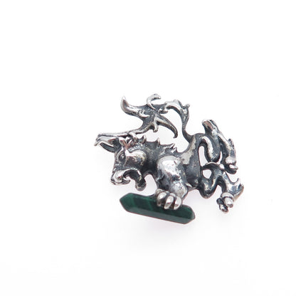 925 Sterling Silver Vintage Real Malachite Royal Lion Slide Charm Pendant