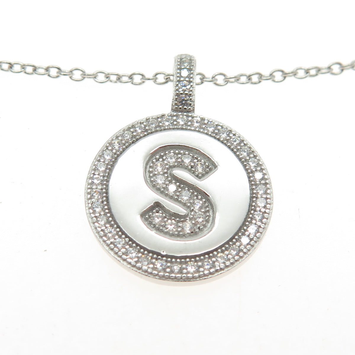 925 Sterling Silver Pave C Z Letter "S" Initial Rolo Chain Necklace 16-18"