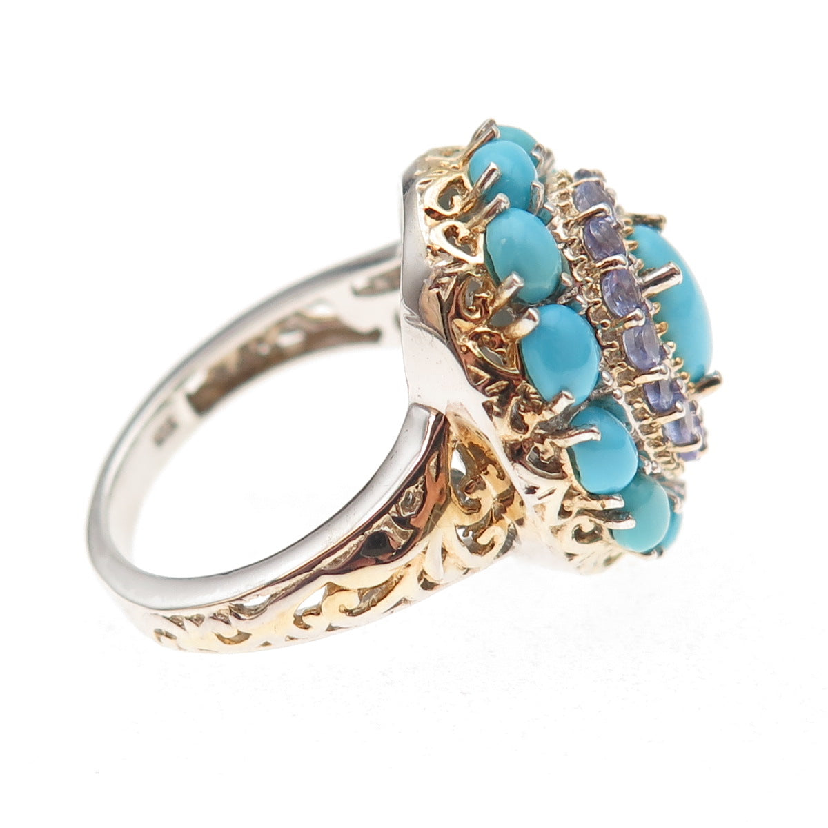 Chuck Clemency Sterling Silver 2-Tone Real Turquoise & Tanzanite Ring Size 8.25