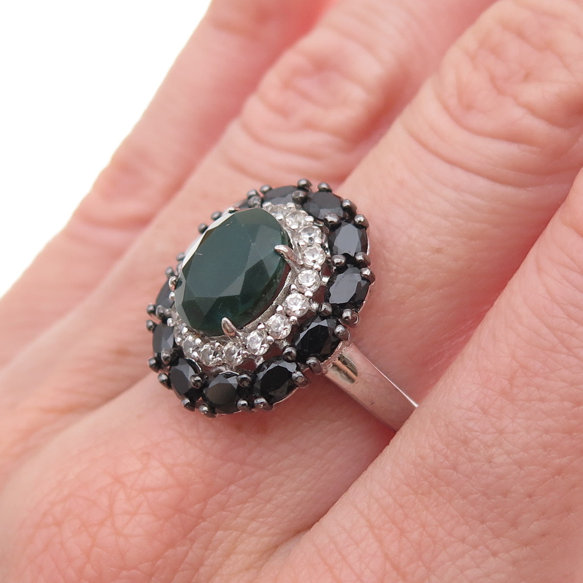 925 Sterling Silver Real Green Onyx Black Spinel & White Topaz Ring Size 6.5