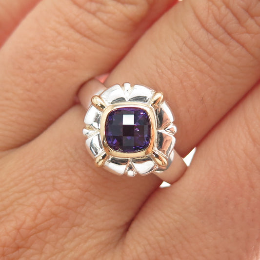 18K Gold 925 Sterling Silver Vintage Real Amethyst Modernist Ring Size 7.25