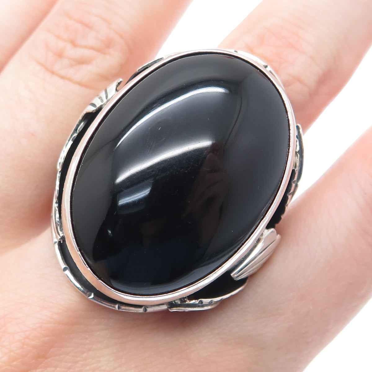 925 Sterling Silver Vintage Mexico Black Onyx Feather Adjustable Ring Size 11.25