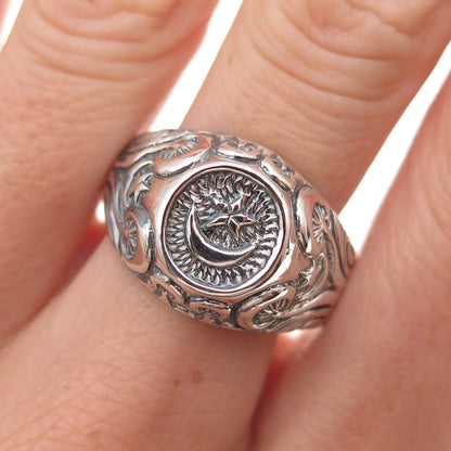 925 Sterling Silver Vintage Crescent Moon & Star Oxidized Dome Ring Size 11