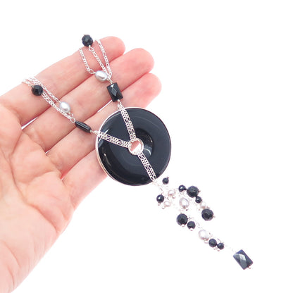 LUCAS LAMETH LUC 925 Sterling Silver Vintage Black Onyx & Pearl Necklace 22-24"