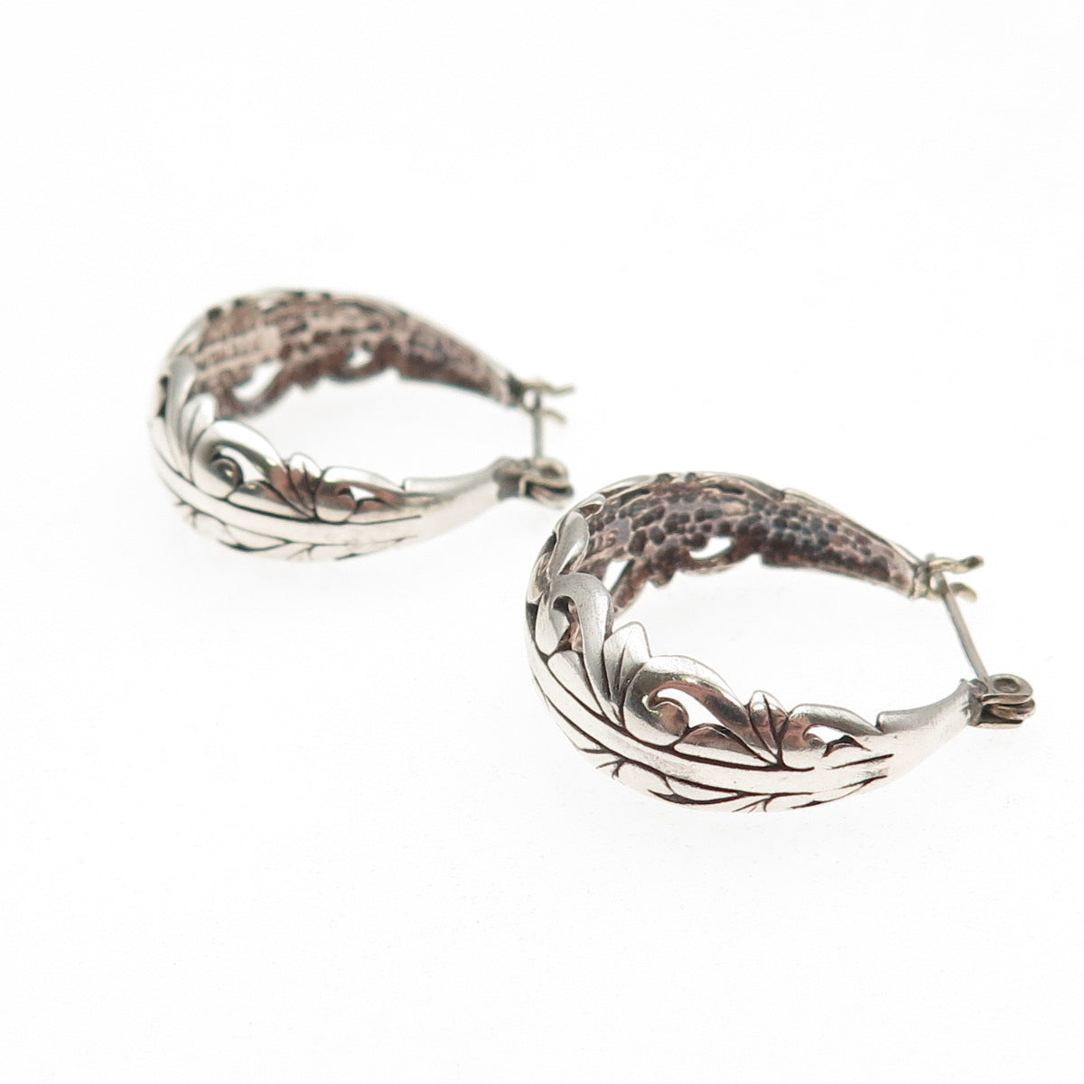 925 Sterling Silver Vintage Modernist Ornate Oxidized Hoop Earrings