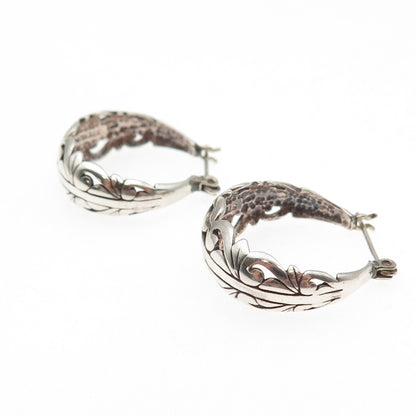 925 Sterling Silver Vintage Modernist Ornate Oxidized Hoop Earrings
