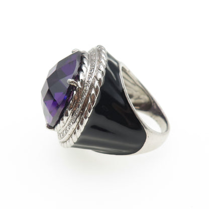925 Sterling Silver Enamel Round-Cut Purple C Z Statement Ring Size 7.25
