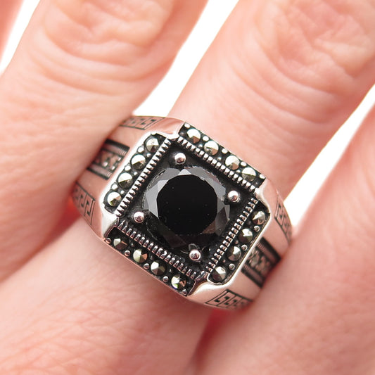 925 Sterling Silver Vintage Real Black Spinel & Marcasite Ring Size 11.25
