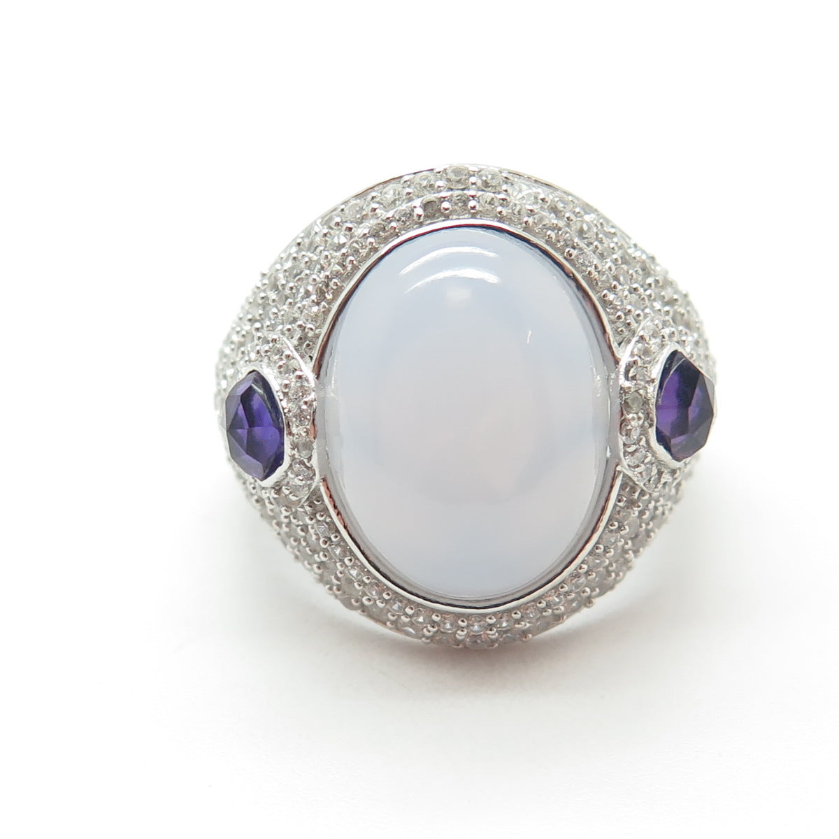 925 Sterling Silver Real Chalcedony Amethyst & White Topaz Ring Size 8.25