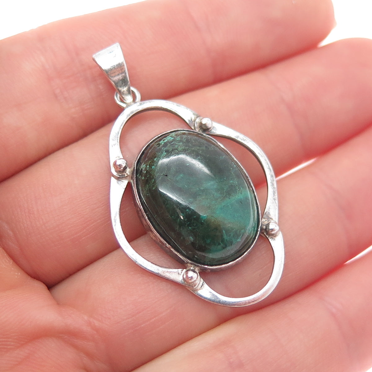 925 Sterling Silver Vintage Real Azurite Modernist Flower Charm Pendant