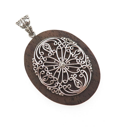925 Sterling Silver Vintage Wood Floral Ornate Pendant