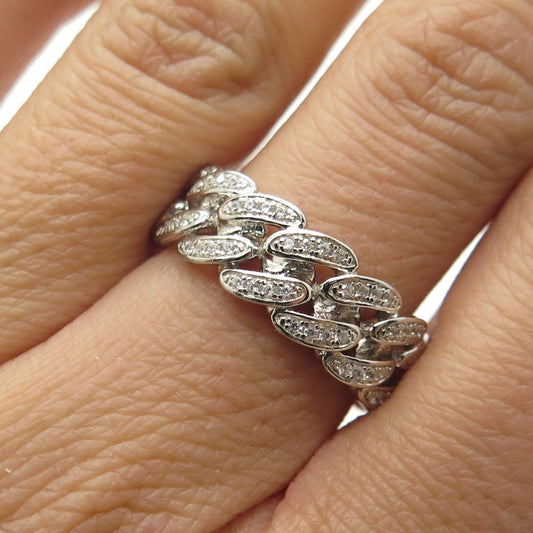 925 Sterling Silver Pave C Z Cuban Chain Band Ring Size 7