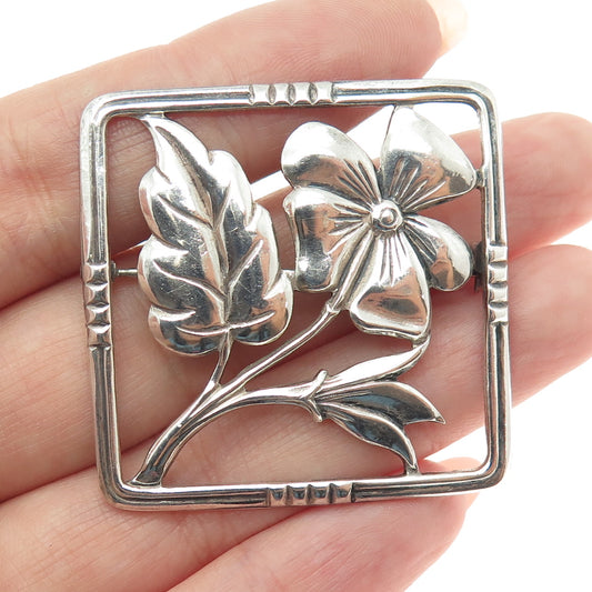 FELCH CO 925 Sterling Silver Vintage Flower Square Frame Pin Brooch