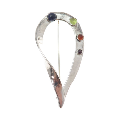 925 Sterling Vintage Real Agate Amethyst Tourmaline & Peridot Modernist Brooch
