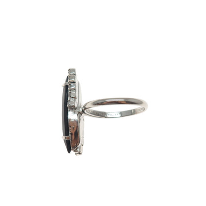 TRU ART 925 Sterling Silver Shank Antique Black Onyx & Rhinestone Ring Size 6.5