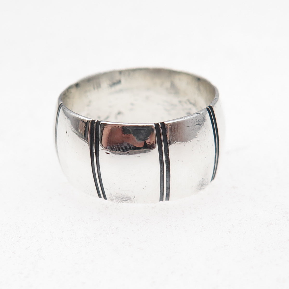 925 Sterling Silver Vintage Mexico Modernist Oxidized Wide Band Ring Size 8.5