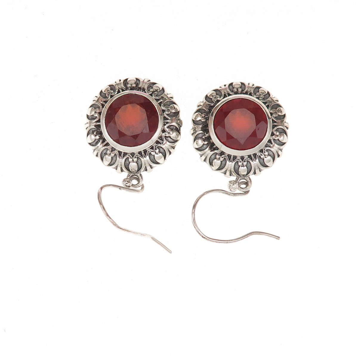 925 Sterling Silver Vintage Real Carnelian Floral Oxidized Dangle Earrings