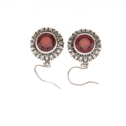 925 Sterling Silver Vintage Real Carnelian Floral Oxidized Dangle Earrings