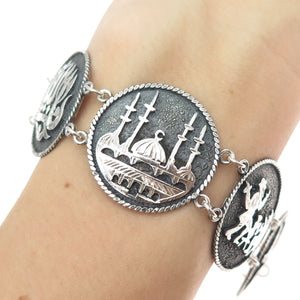 900 Silver Vintage Mosque Allah Muslim Panel Link Bracelet 7" (missing clasp)