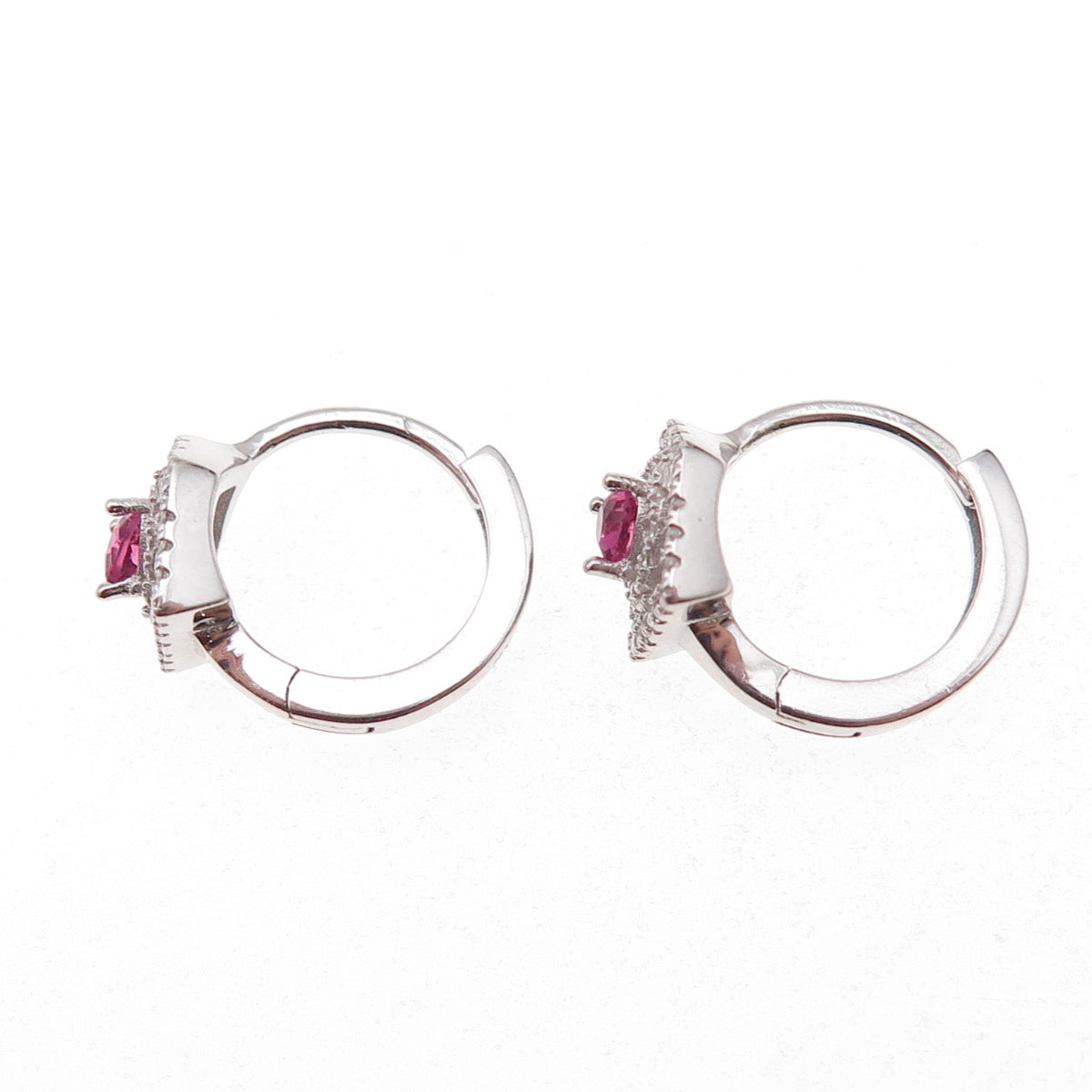 925 Sterling Silver Pink & White C Z Heart Hoop Earrings