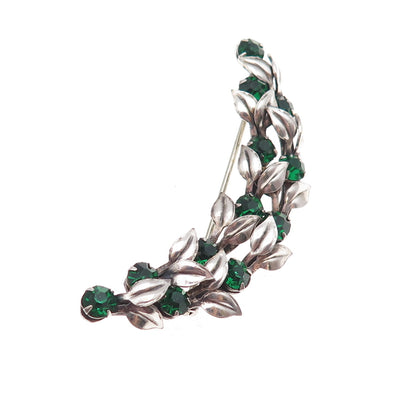 925 Sterling Silver Antique Art Deco Green Rhinestone Floral Pin Brooch