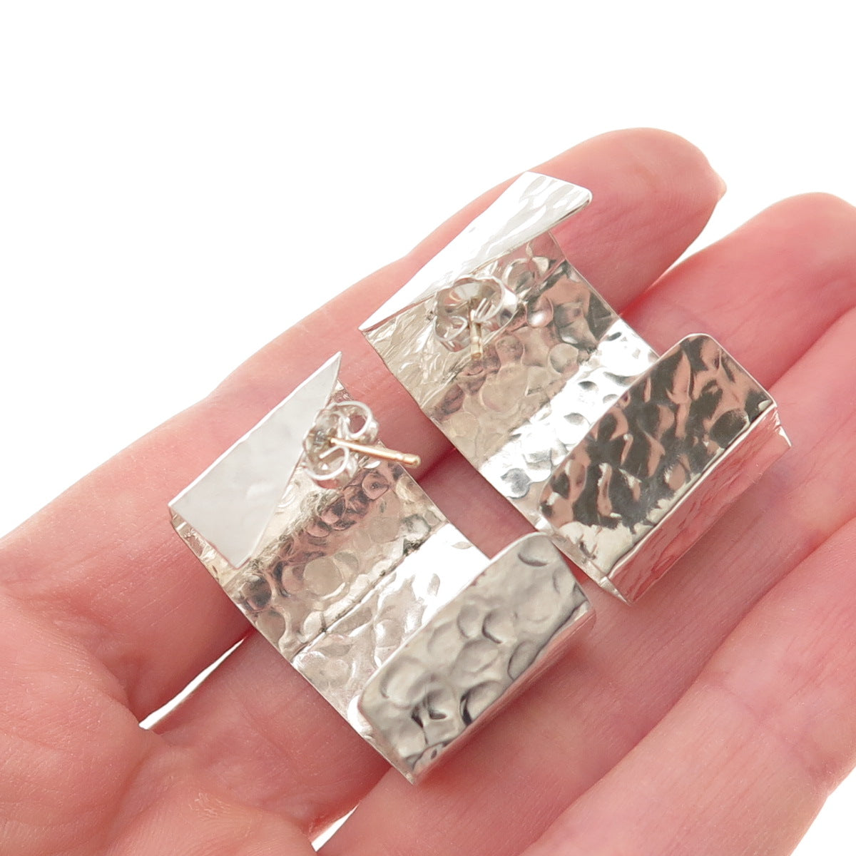 SUZENNE 925 Sterling Silver Gold Posts Vintage Modernist Hammered Hoop Earrings