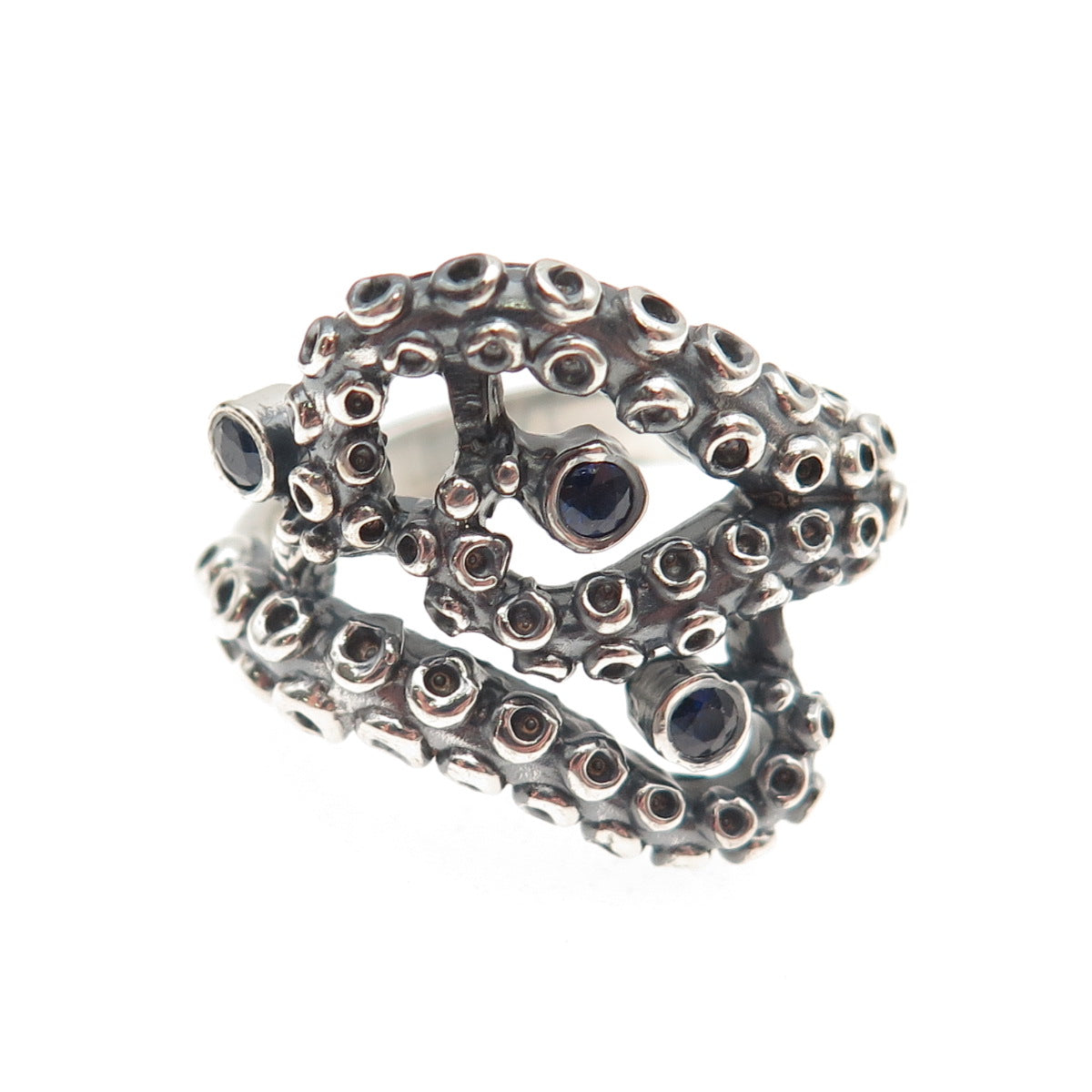 925 Sterling Silver Vintage Real Sapphire Octopus Oxidized Ring Size 8.25