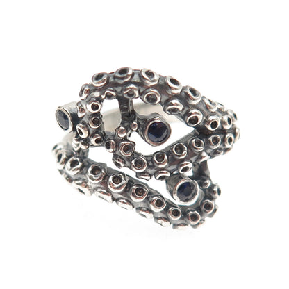 925 Sterling Silver Vintage Real Sapphire Octopus Oxidized Ring Size 8.25