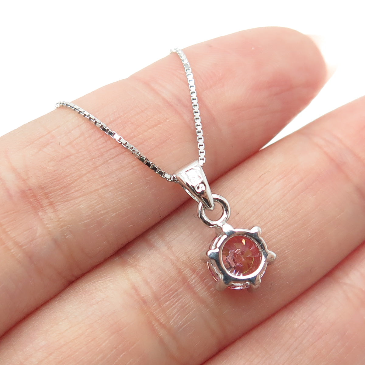 925 Sterling Silver Swarovski Pink-Crystal Box Chain Necklace 16-18"